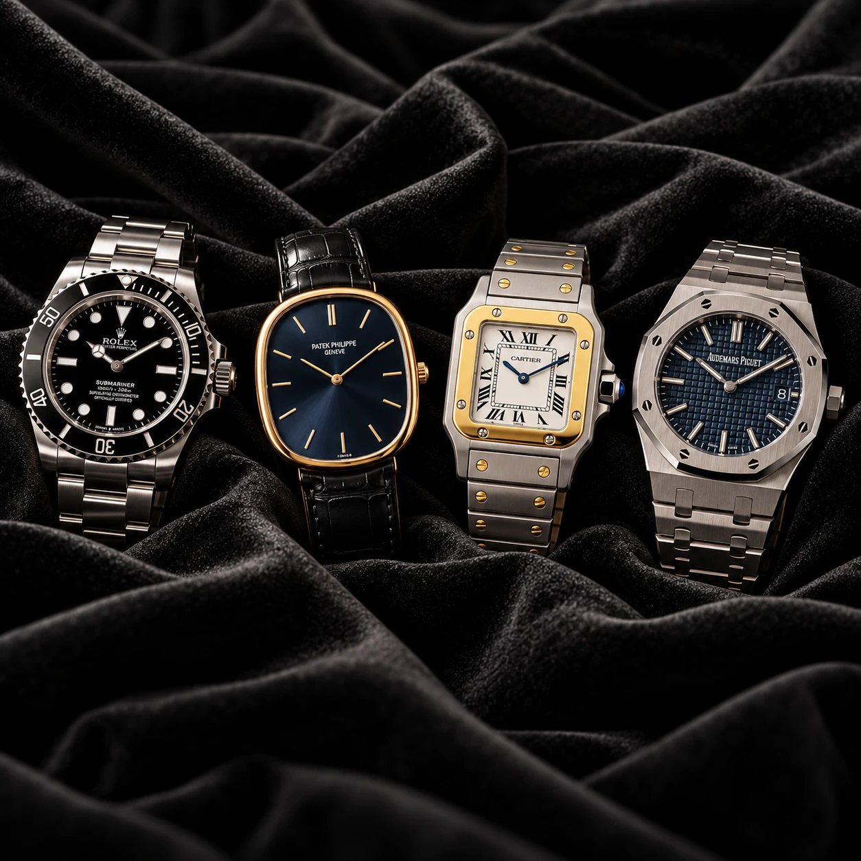 Rolex Submariner, Patek Philippe Golden Ellipse, Cartier Santos e Audemars Piguet Royal Oak